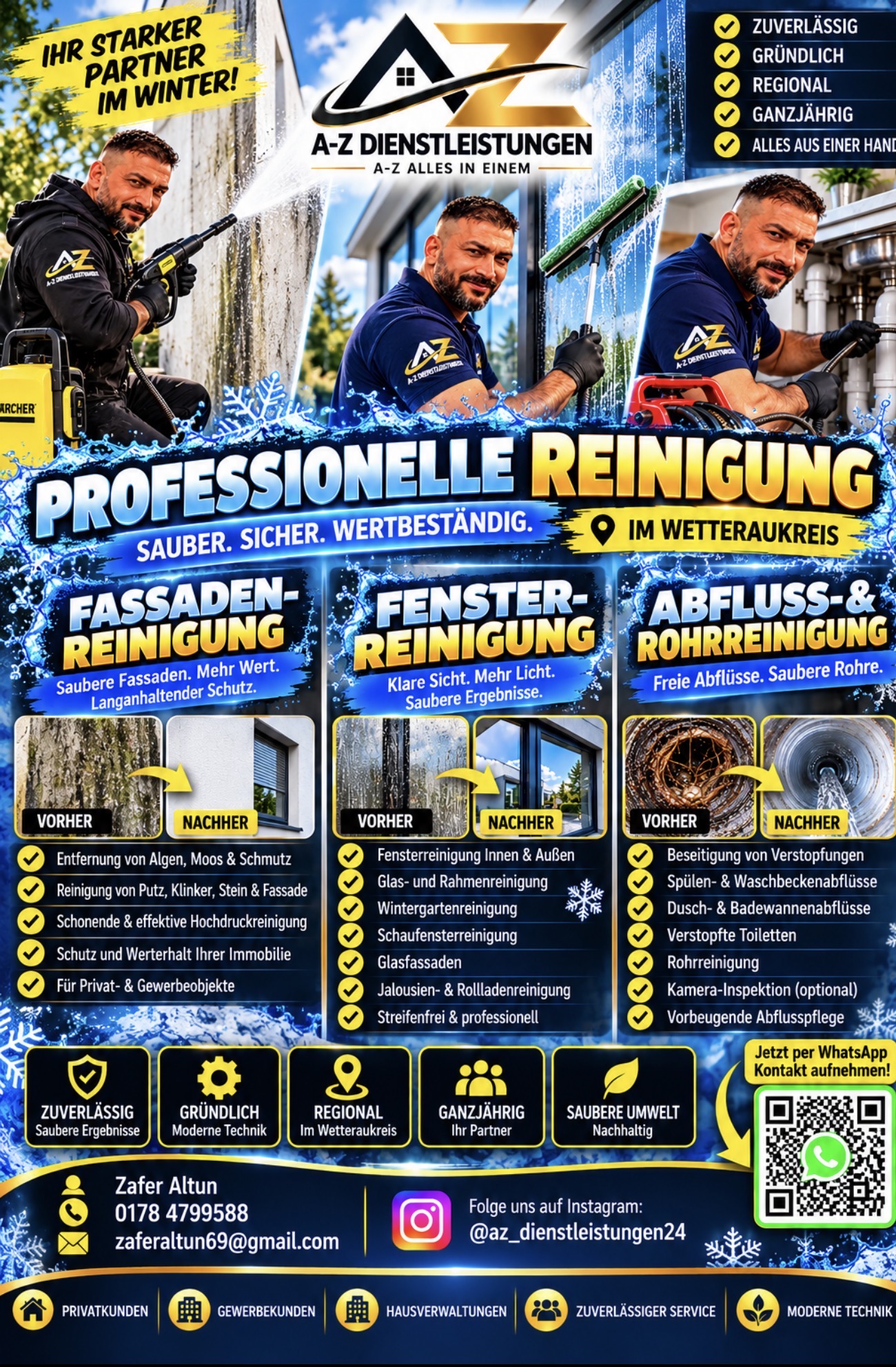 A-Z professionelle Reinigung: Fassadenreinigung, Fensterreinigung sowie Abfluss- und Rohrreinigung